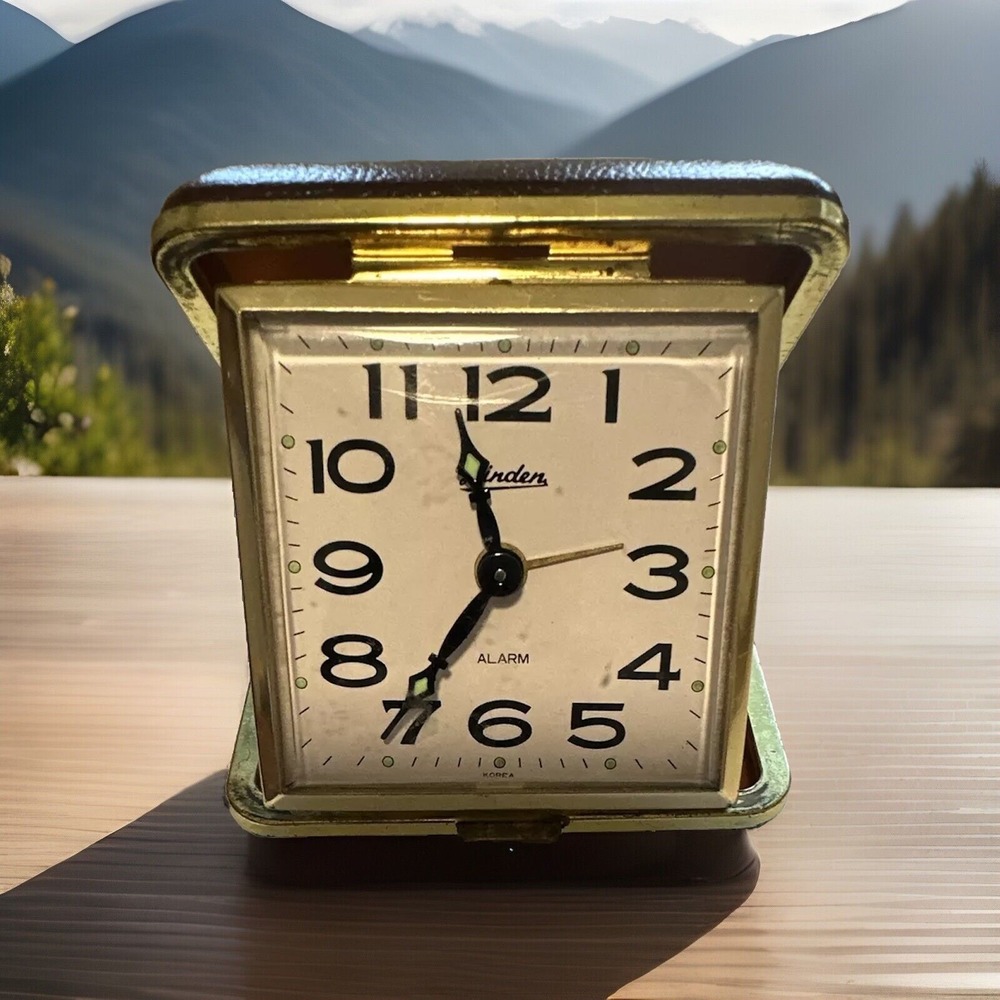 Vintage Linden Travel Alarm Clock Brown /Gold Clam Case Working Mad Men Style!